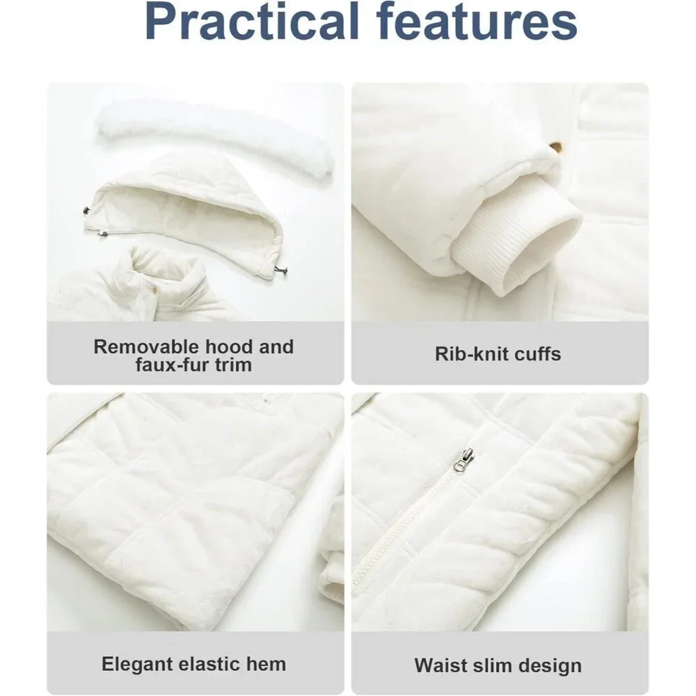 Women's Cream White Winter Warm Coat Velvet Quilted Faux Fur Hood Puffer Jacket